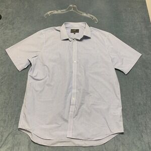 M&S Dress Shirt Mens 17" Blue White Short Sleeve Chest Pocket Business Formal